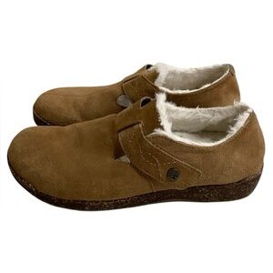 Earth Origins Suede Faux Fur Mary Janes Tan Clogs Shoes Size 8.5 Embroidered